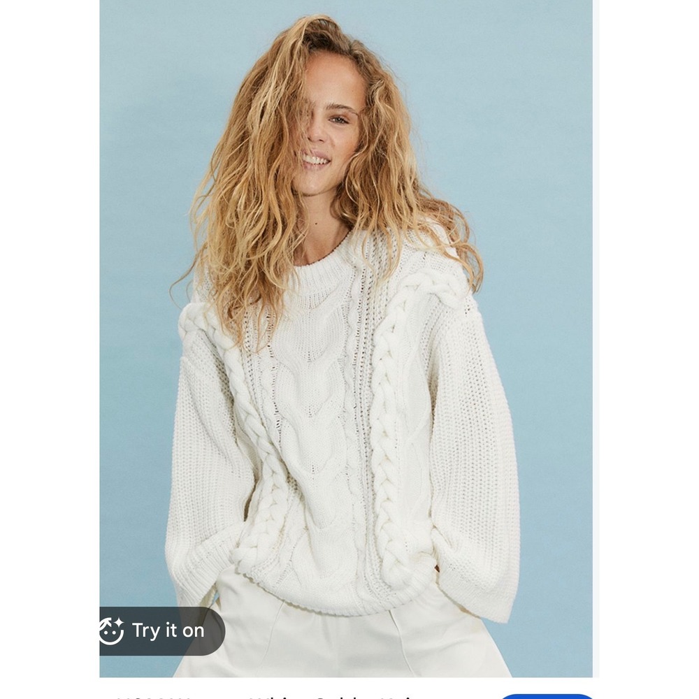 HM White Cable Knit Wool Blend Oversized winter fall preppy cozy Sweater Medium
